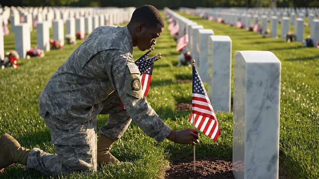 Soldier In Uniform Places American Flag Atop Grave In A Cemetery At Sunset