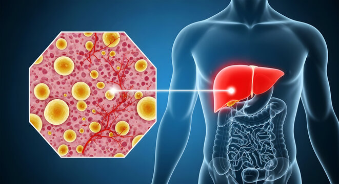 Human Body with Magnified View of Fatty Liver Cells 