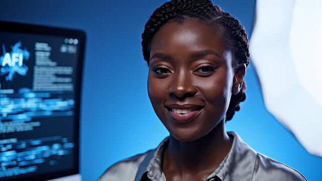 Confident Black Woman With Braided Hair Looks At Camera Near Computer Screen Displaying Code With Blue Background