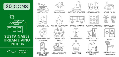 Sustainable Urban Living Icon Set &ndash; Eco-Friendly Smart City and Green Lifestyle Vector Icons