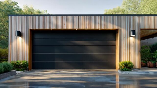 Modern house facade with garage and wood accents, surrounded by greenery. Wet driveway