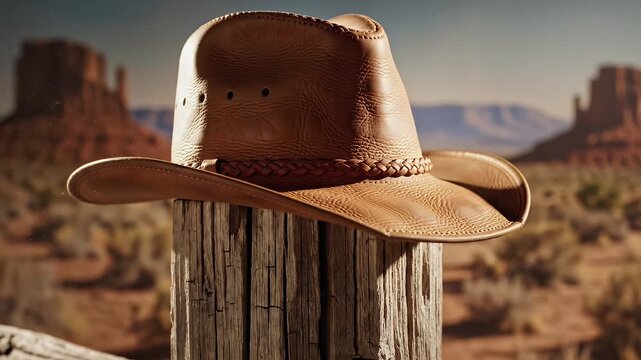 Brown Leather Cowboy Hat Resting on Weathered Wooden Post in Desert Landscape with Buttes Background