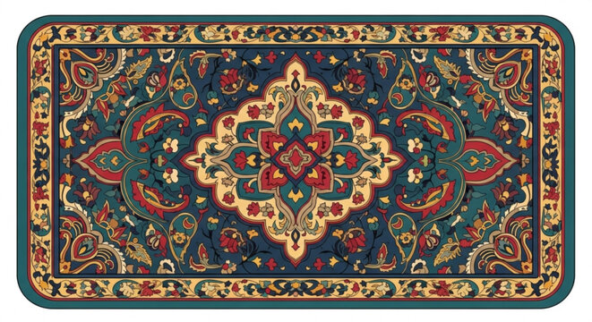 Vibrant persian style rug with intricate floral patterns and ornate border on white background