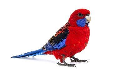 Close-up of a vibrant parrot with red, blue, and black feathers isolated on white background