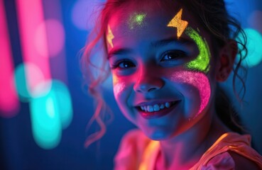 Naklejka premium Child smiles with glowing neon face paint at dark party. Colorful ultraviolet light illuminates face. Fun celebration with vibrant colors and bright lights.