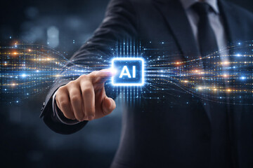 Business professional activating AI data processing interface for digital transformation and innovation