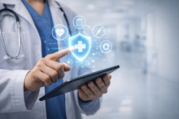 Doctor using digital healthcare security interface for modern patient data protection