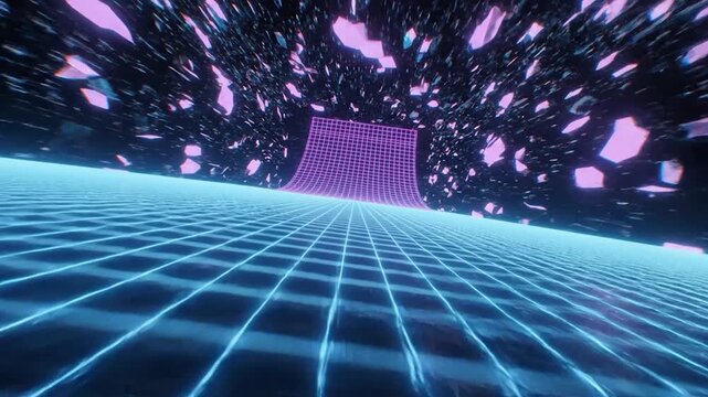 Neon grid and fractured shards creating a surreal digital void