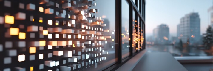 Naklejka premium Modern urban balcony with a perforated metal screen lit from within, reflective glass panels, and a blurred city skyline at dusk.