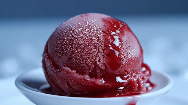 A glistening scoop of red sorbet with ice crystals