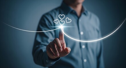 Man interacting with glowing heart and clover icons in a digital interface