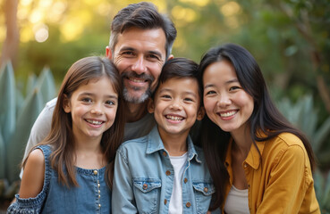 Fototapeta premium Mixed race parents and children smile outdoors. Happy family hugs tightly. Mother father and kids enjoy warm sunny day. They express love joy togetherness.