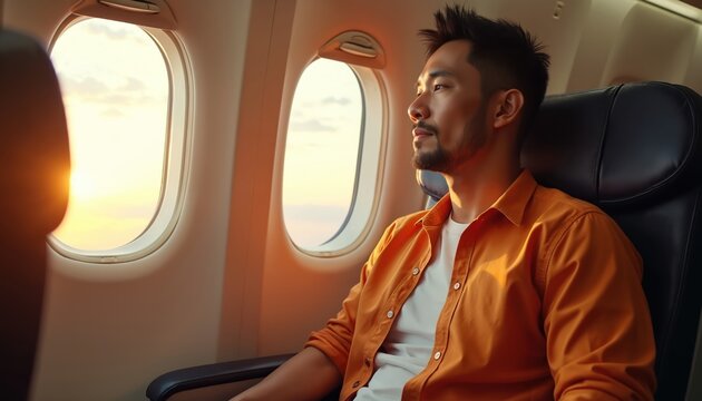 Asian man in orange shirt sits in airplane looking out window at sunset. Traveler enjoys flight, views clouds, sky, sun during journey. Comfortable seat, window view.