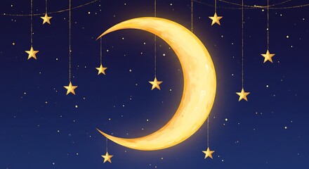 水彩の夜空と三日月