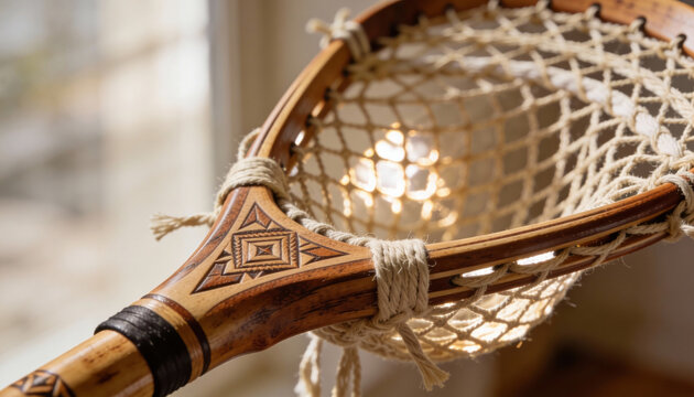 Closeup of traditional wooden lacrosse stick, an piece of handcrafted sport equipment representing Native American culture and proud heritage