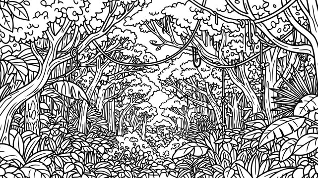 Dense jungle rainforest vegetation with vines and leaves sketch