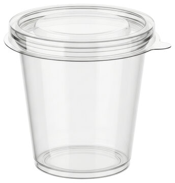 Small clear disposable plastic sauce container with lid isolated on transparent background