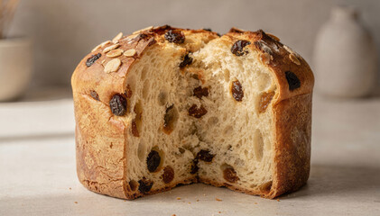 Delicious closeup view of freshly baked panettone. Sweet Italian bread with raisin and almond, festive homemade dessert for Christmas