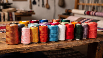 Vibrant collection of colorful thread spools for sewing and craft project on rustic wooden table. Handmade textile supply in workshop
