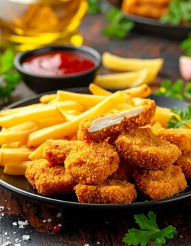 Close-up of a plate with golden fried chicken nuggets, fries, ketchup, and parsley