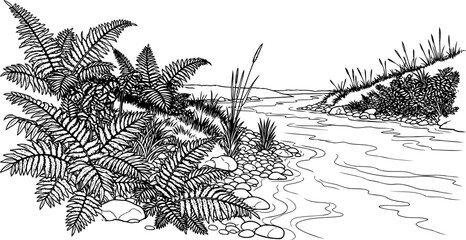 Naklejka premium River landscape scenery with ancient ferns and rocky banks