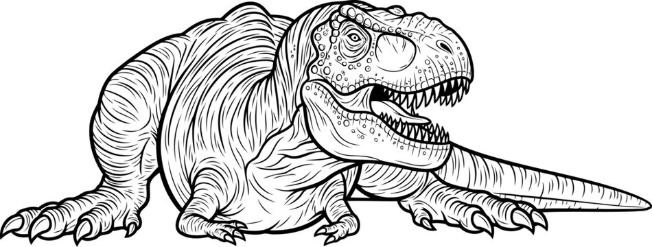 Resting tyrannosaurus rex predator lying on ground line art illustration