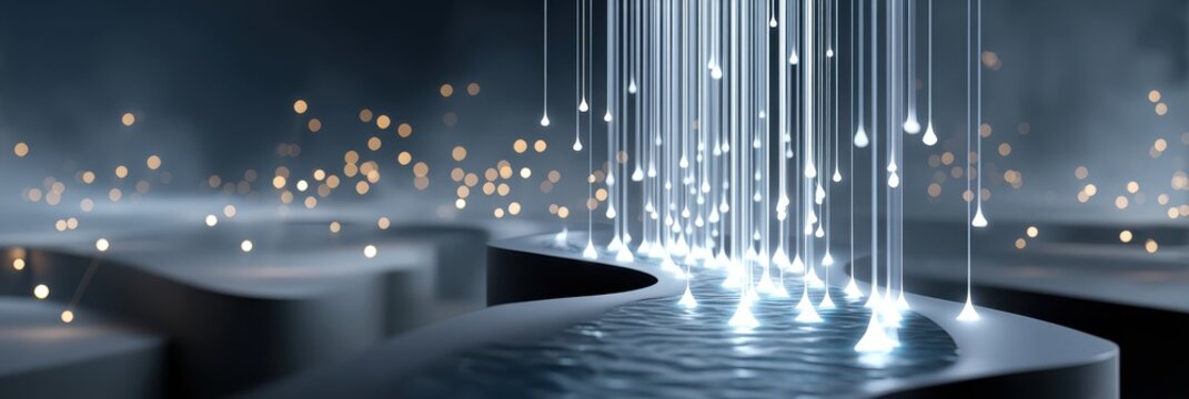 Glossy channel of water with luminous droplets cascading like digital data streams amid soft bokeh lights in a futuristic abstract scene.