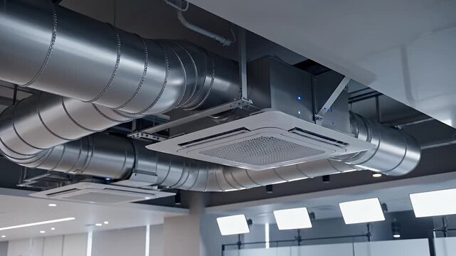 Modern Office Ceiling With Silver Ducts And White Air Conditioning Unit Lighting Up The Space