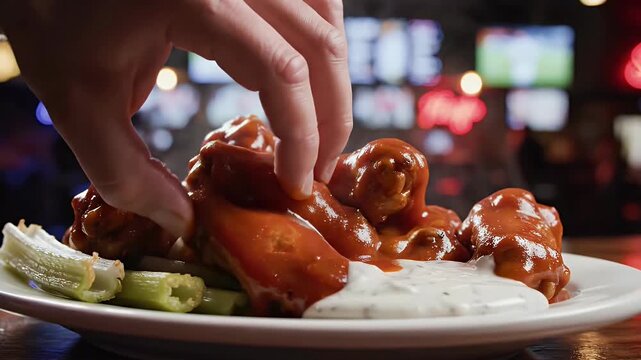 A plate of buffalo wings with dipping sauce and celery
