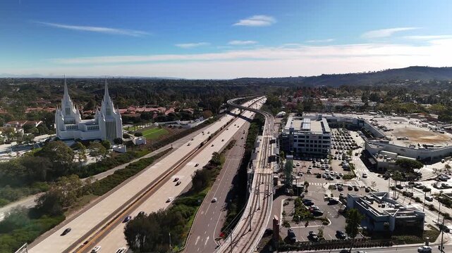 Aerial-level view of Interstate 5 carrying steady traffic through San Diego. A major California freeway connecting neighborhoods, businesses, and coastal communities in Southern California.