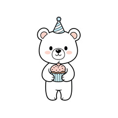 Obraz premium Cute Cartoon Bear Celebrating with a Sweet Cupcake, Wearing a Party Hat, Isolated Vector Art