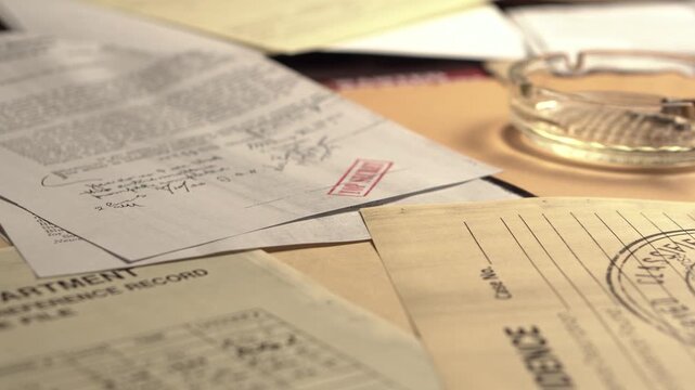 Police Criminal Investigation Files on Desk, Top Secret Stamp, Ashtray and Cigarette, Close Up