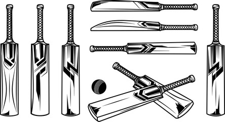 Cricket bat and ball vector illustration set, monochrome sports equipment collection, wooden bats outline design, classic cricket gear artwork