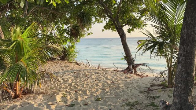 Ukulhas beach Maldives with white sand shoreline and calm turquoise ocean