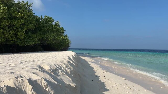 Ukulhas beach Maldives with white sand shoreline and calm turquoise ocean