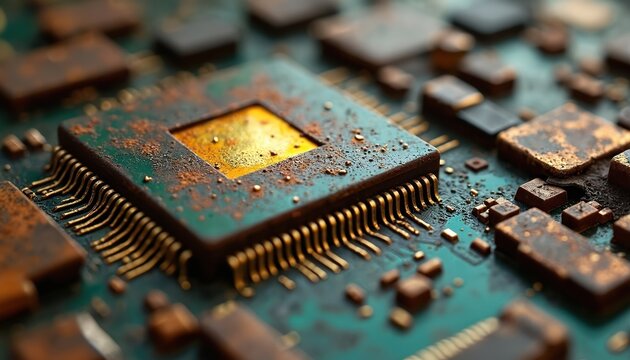 Close up of corroded microchip on circuit board. Rusty metal texture detail shows electronic component decay and aging. Obsolete tech hardware, grunge industrial background.