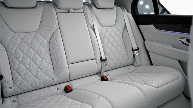 Luxury White Leather Car Interior With Ambient Lighting and Diamond Stitching Close Up