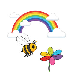 Naklejka premium Cartoon bee flying towards a vibrant colorful flower under a cheerful rainbow and fluffy clouds