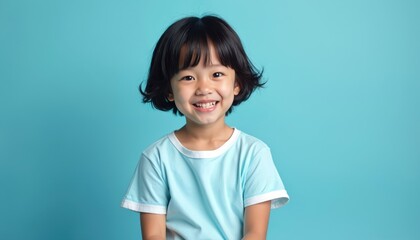 Happy young asian girl with short black hair smiles. She wears a light blue t-shirt against a solid blue background. The portrait has space for text and design.