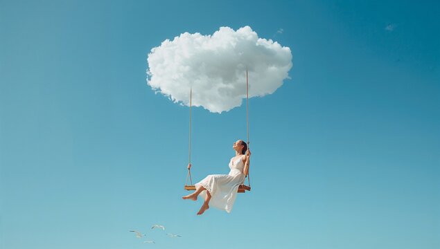 Woman smiling on a swing with a cloud in the sky