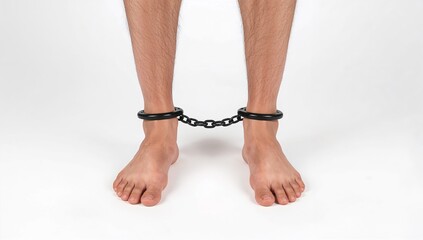 Man's Feet Shackled with Chains Isolated on White Background