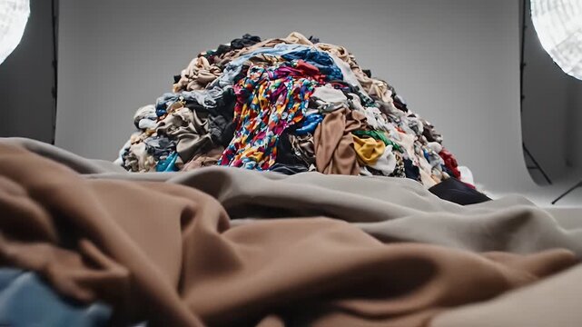 A Huge Pile of Assorted Colorful Clothing and Textiles Under Studio Lighting With Soft Gray Background and Soft Light