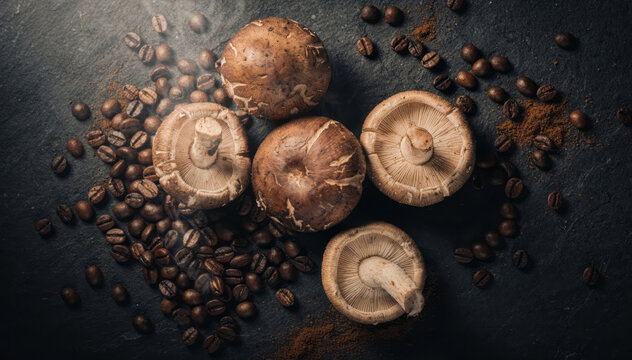 Cinematic still life of earthy shiitake mushroom and dark roasted coffee bean on moody background. rustic and natural food concept view