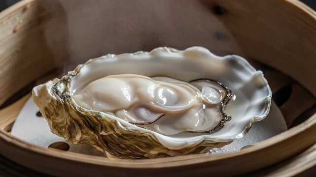 A single steamed oyster rests in its shell within a bamboo steamer