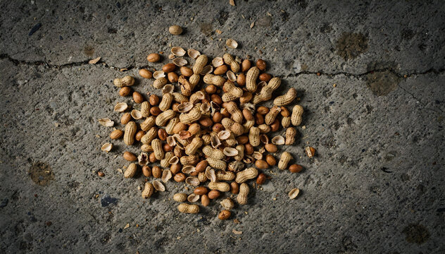 Dramatic top view of pile of spilled peanuts on dark, cracked concrete floor. moody, cinematic shot of wasted food on ground