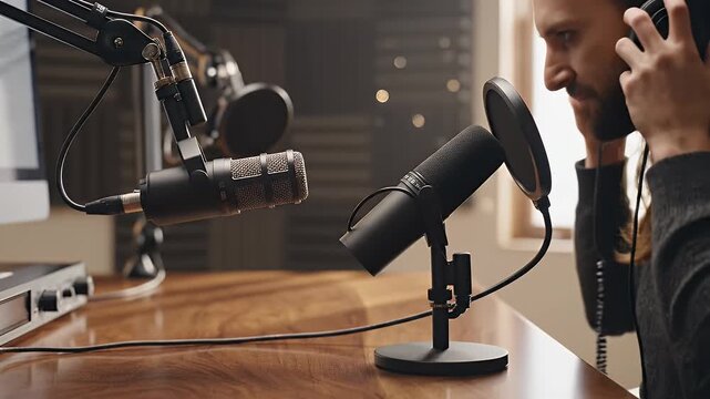 Man Wearing Headphones Speaking Into Microphone In A Professional Recording Studio With Soundproofing Foam Walls And