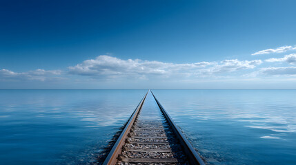 Fototapeta premium Surreal conceptual image of a straight railway track leading into a calm blue ocean under a clear sky, representing infinite journey, future goals, and a peaceful path ahead.