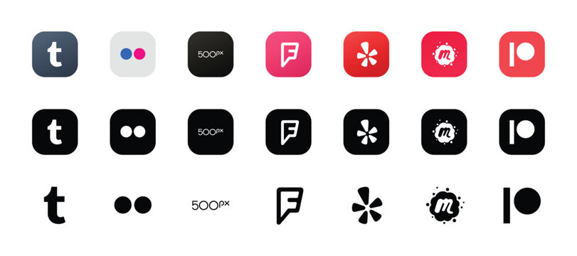 social media photography and community logo icon set tumblr flickr yelp meetup patreon