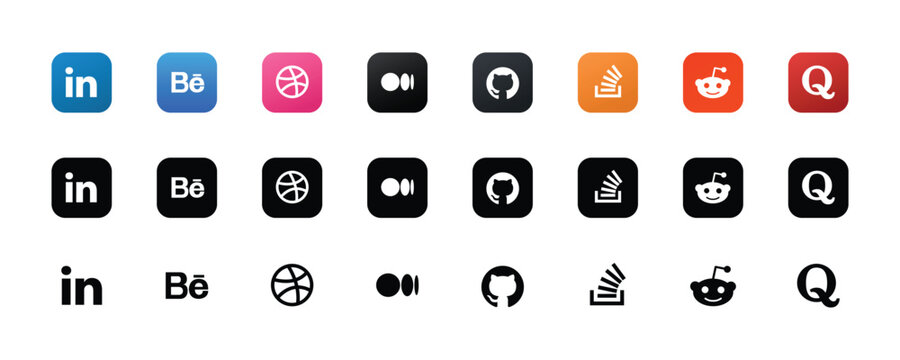 professional network and developer community logo icons set linkedin behance dribbble github reddit