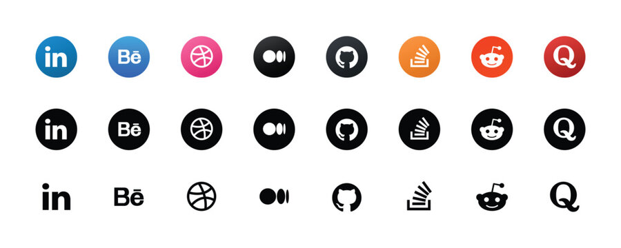 social network and developer community round logo icons set linkedin behance dribbble